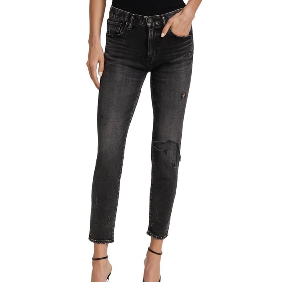 Moussy Vintage Lenwood Black Distressed Mid Rise Tapered Jeans - Picture 2 of 11